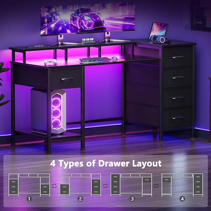 Korfile 47 Inch Gaming Desk with Power Outlets and LED Lights, Reversible Computer Desk with 5 Fabric Storage Drawers, Home Office Desk with Monitor Stand for Working Writing Study, Black | Gaming desk with power outlets &LED lights,reversible design w... - Image 8