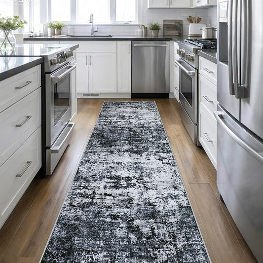 Washable Area Rug 3x14 Entryway Rug: Washable Modern Abstract Soft Thin Rug Indoor Floor No Slip Stain Resistant Carpet for Bedroom Dining Room Farmhouse Nursery Home Office - Black by FXRHLP