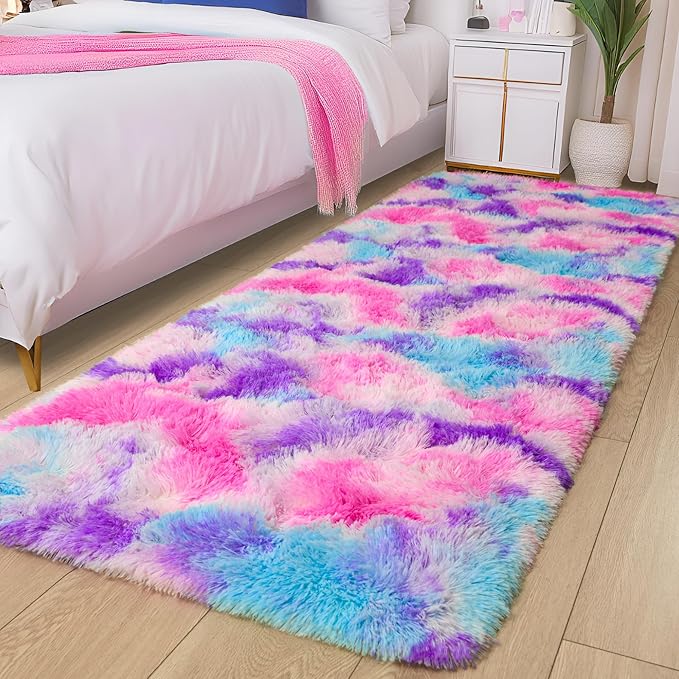 Tepook Soft Rainbow Rug for Girls Room, Cute Fluffy Girls Bedroom Rugs, 2x6 Feet Shaggy Princess Rug Colorful Carpet for Kids Teens Toddler Playroom Nursery Reading Nook, Hot Pink by Tepook