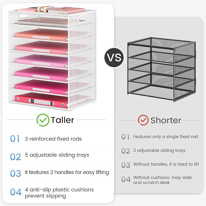 Lavatino 8-Tier Letter Tray Desk Paper Organizer, Mesh File Tray Organizer for Desk, Office Supplies & Home Organization, Fits A4 Paper, Mail, Magazines and Office Accessories (White with Handle) - Image 6