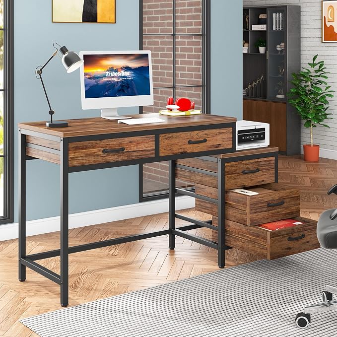 Tribesigns Computer Desk with 5 Drawers, Reversible Home Office Desks | Small Desk with Drawer Cabinet Printer Stand, PC Desk with Storage, Rustic Study Writing Table Workstation for Small Spaces - Image 2