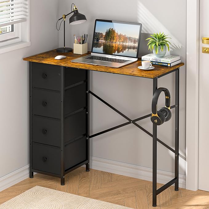 Small Computer Desk with 4 Fabric Drawers, 36 Inch Reversible Writing Desk for Home Office Bedroom, Modern Simple Kids Student Study Desk with Storage, Compact Desk for Small Spaces, Rustic Brown - Image 8