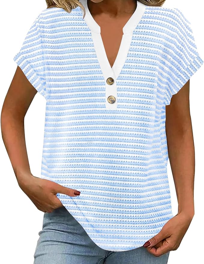 Womens Henley Summer Tops V Neck Button Dressy Casual T Shirts Blouses | Breathable, V-Neck Button, Striped, Loose Fit, Business Casual, Office, Vacation, Spring Summer Tops, Basic Shirts by ETCYYNEW
