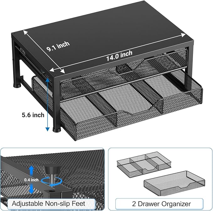 OPNICE Computer Monitor Stand Riser, Desk Organizer with Drawer, Printer & Laptop Stand, Office Desk Accessories & Workspace Desktop Organizers Storage for Office Supplies(Black with 2 drawers) - Image 5
