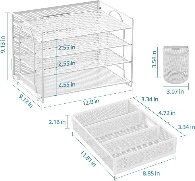 Marbrasse Desk Organizer, 4-Tier Paper File Letter Tray, White | Sturdy Paper Tray, File Holder, Built-in Drawer, 2 Pen Slots, fits Letters/Files, for School Home Office Supplies - Image 6