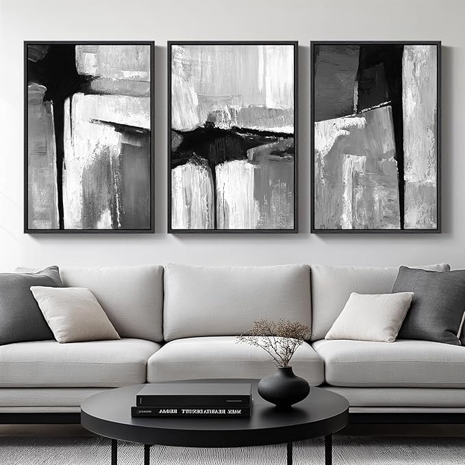 Large Framed Black and White Gray Abstract Wall Art for Living Room, 3 Piece Modern Canvas Prints Paintings Artwork for Walls, Grey Abstract Pictures for Hallway Office Wall Decor 24x36 In by Cuspin