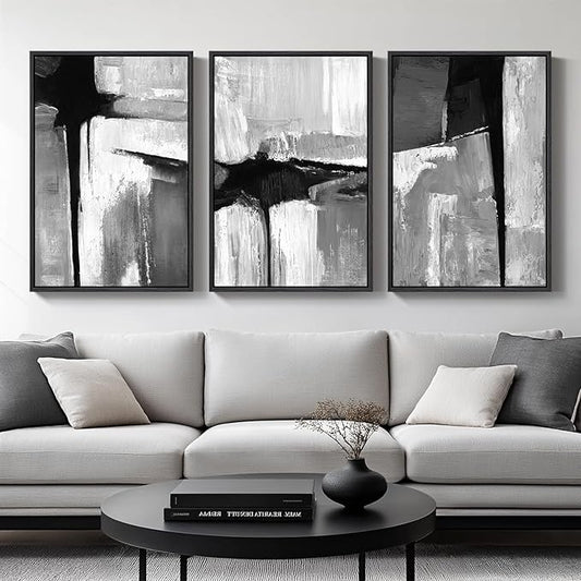Large Framed Black and White Gray Abstract Wall Art for Living Room, 3 Piece Modern Canvas Prints Paintings Artwork for Walls, Grey Abstract Pictures for Hallway Office Wall Decor 24x36 In by Cuspin