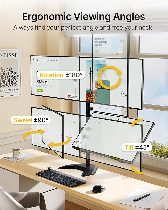 monTEK Freestanding Quad Monitor Stand for Four 17-32" Screens, 22 lbs Each | Solid V-shaped base, four-screen full-motion arms, height adjustment, tilt, swivel, rotation and VESA 75/100 - Image 3