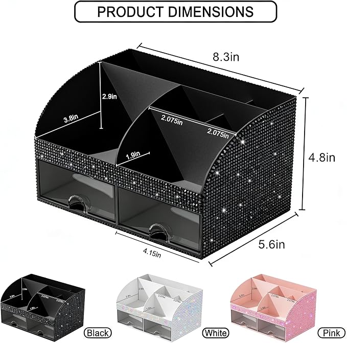 Bling Makeup Organizer with Drawers, Cosmetic Storage for Dresser Vanity and Bathroom Countertop, Beauty Holder for Lipstick Brush, Skincare Organizer for Vanity, Cosmetic Display Case Bling Black - Image 2