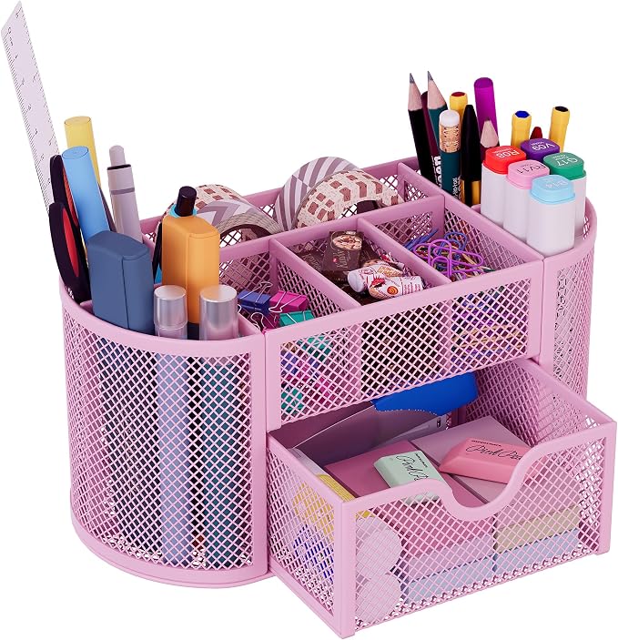 EasyPAG Mesh Pen Holder Desk Organizer with Drawer Stationery Supplies Organizer for Dorm School 9 Compartments Workspace Desk Accessories Organization for Office, Light Pink by EasyPAG