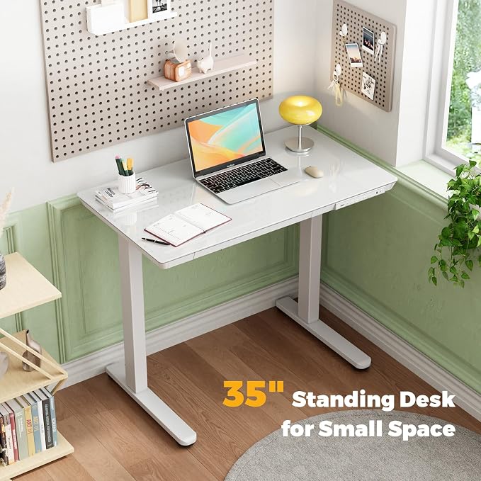 35" Electric Standing Desk with Drawer, One-Piece Glass Top | Quick Install One-Piece Tabletop with USB Charging Ports, Sit Stand Computer Desk with Wheels for Small Space, White - Image 3
