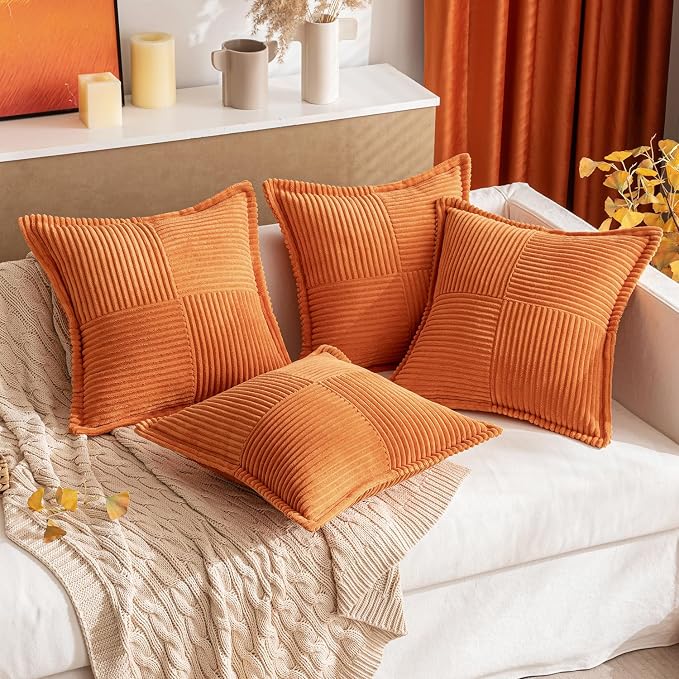 MIULEE Fall Orange Decorative Throw Pillow Covers for Couch Bed Livingroom 16x16 Inch Set of 2 Boho Accent Throw Pllows Broadside Striped Patchwork Soft Corduroy Pillowcases - Image 8
