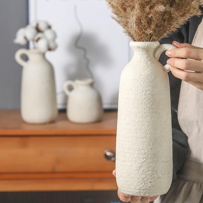 Ceramic Vase Set of 3 with Handle, Neutral Rustic Vases Home Decor Farmhouse Decorative Vase Whitewashed Pottery Decor Modern for Table Mantel Entryway Bookshelf Living Room Kitchen Bedroom - White - Image 3