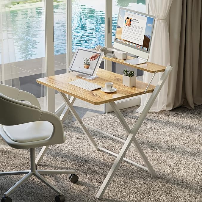 GreenForest Folding Desk No Assembly, Sturdy Computer Desk for Small Spaces | Portable Foldable Table for Laptop, 2-Tier Compact with Shelf, Space Saving for Home Office, Dorm, Apartment, 27.3"x 22" Oak - Image 2