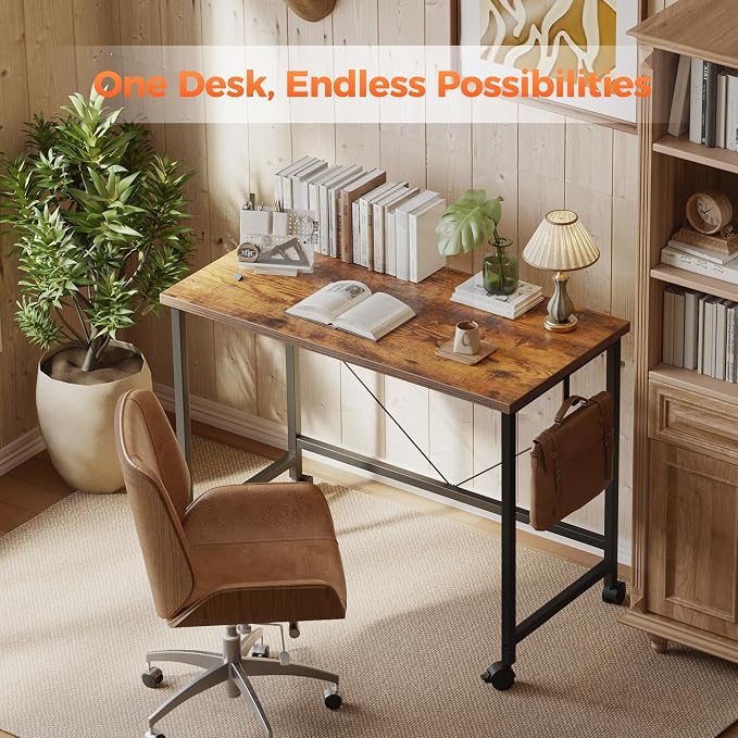Mericonia 32x16 Inch Computer Desk with Wheels, Small Simple Rolling Desk | Writing Table for Home Office Bedroom Work Study, Brown - Image 3