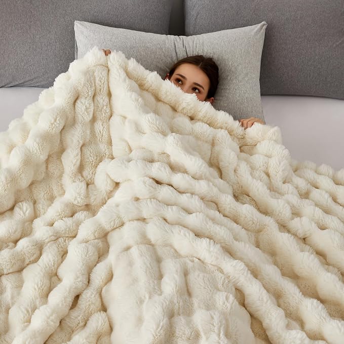 COOVA Faux Fur Throw Blanket for Couch, Cozy Soft and Fuzzy Plush Rabbit Fur Bubble Blanket for Sofa Bedroom Living Room, 60x80 Inches Ivory White - Image 3
