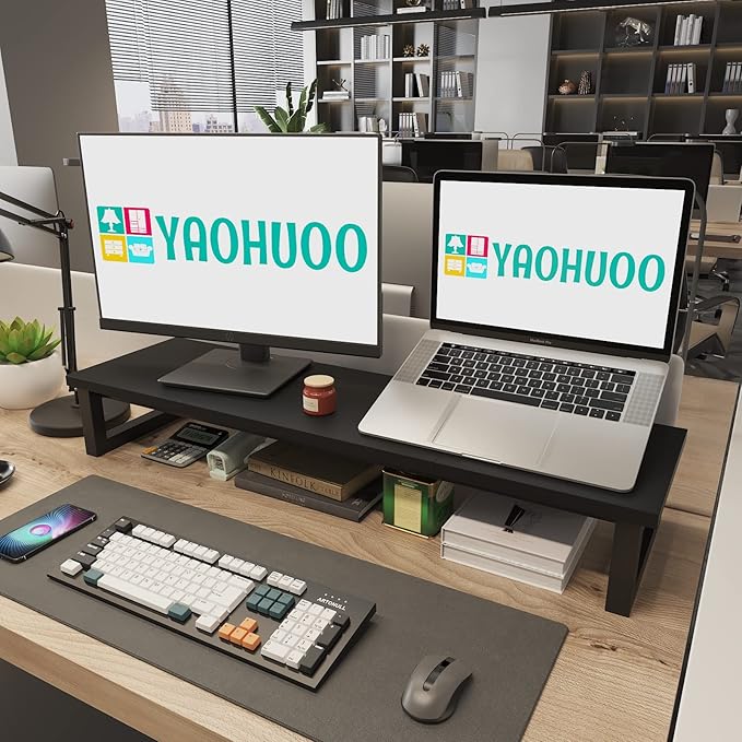 YAOHUOO Dual Monitor Stand Riser, 39Inch Large Monitor Stands for 2 Monitors, Computer Monitor Stand, Wooden Desktop Oraganizer Shelf for Office Desk Computer,Laptop,TV - Image 6
