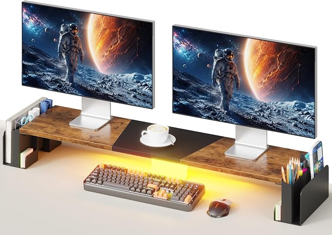 WESTREE Dual Monitor Stand Riser with Pen Holder, Computer Monitor Riser with Adjustable Angle and LED Light, Desktop Monitor Stand Riser Storage Organizer for Computer, Laptop, Printer, TV(Rustic Brown) by WESTREE