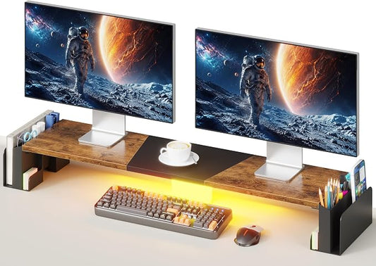 WESTREE Dual Monitor Stand Riser with Pen Holder, Computer Monitor Riser with Adjustable Angle and LED Light, Desktop Monitor Stand Riser Storage Organizer for Computer, Laptop, Printer, TV(Rustic Brown) by WESTREE