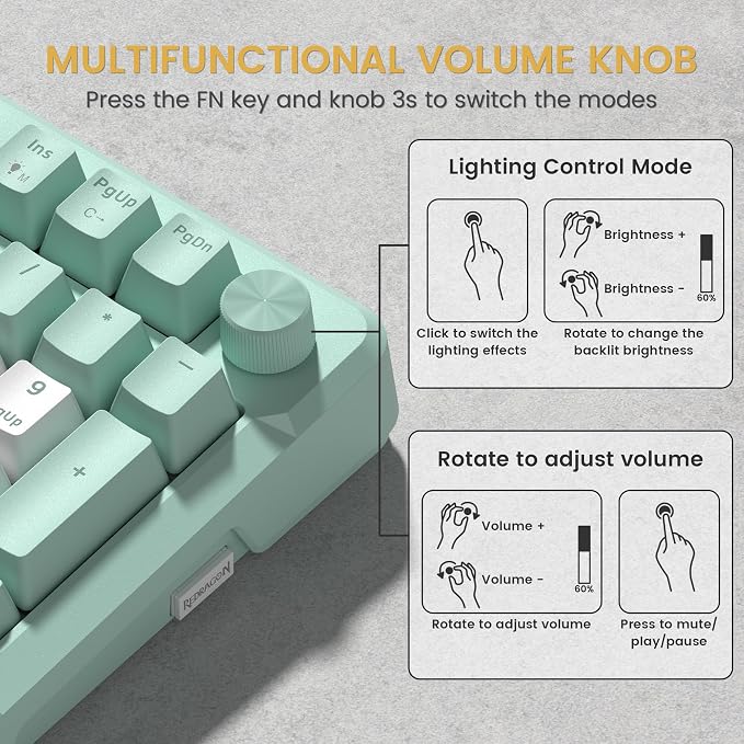 Redragon K742 Bluetooth Wireless Mechanical Gaming Keyboard with Knob | BT5.0/2.4GHz/USB C Creamy Keyboard with Number Pad for PC Computer, RGB Backlits, Hot-Swappable with Linear Switches (Green) - Image 8