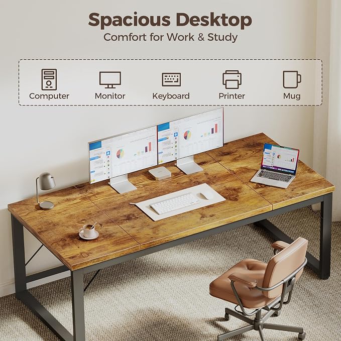 Mericonia 63x28 Inch Computer Desk, 1" Thick Large Office Table, Brown | Modern Simple Style, Heavy Duty Industrial Frame, Large Study & Writing Table for Home Bedroom Work - Image 5