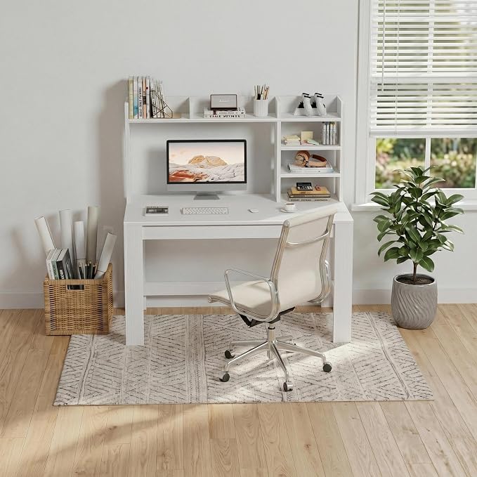 WINAZ White Desk with Hutch and Power Outlet, 43 Inch Small Space Computer Writing Desk with Storage Shelves, Modern Home Office Workstation for Bedroom Dorm - Image 4