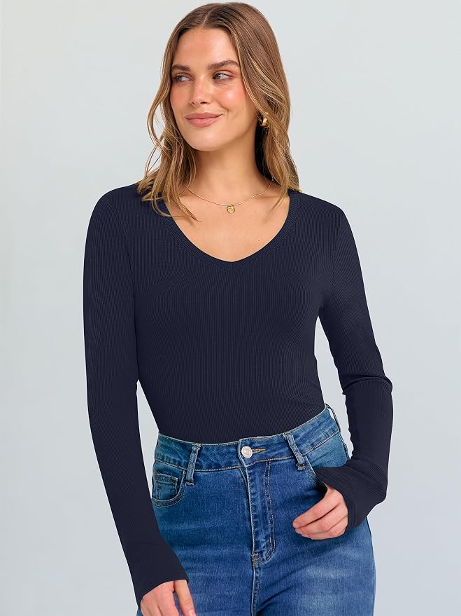 ANRABESS Long Sleeve V Neck Shirts for Women | Soft Comfy Ribbed Knit Fitted Tshirts, Casual Going Out Tops, 2026 Trendy Basic, Fall Winter Underscrub Layering Clothes - Image 7