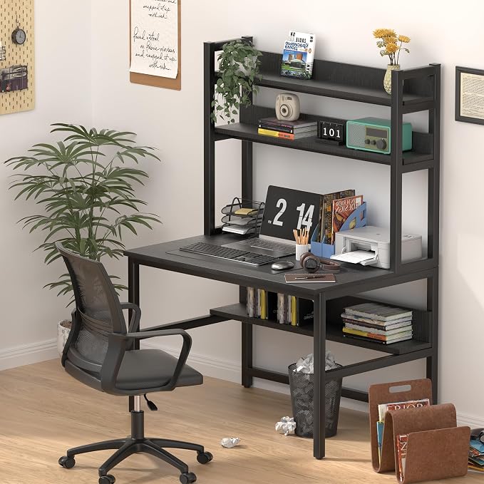 Aquzee Computer Desk with Hutch and Bookshelves, Large Leg Room 55 inch Width Black Desk with Space Saving Storage Shelves, Easy Assemble and All Hardware and Tools Included - Image 4