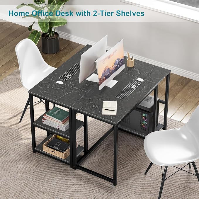 SINPAID Computer Desk 40 inches with 2-Tier Shelves Sturdy Home Office Desks with Large Storage Space Modern Gaming Desk Study Writing Laptop Table, Black Marble - Image 5