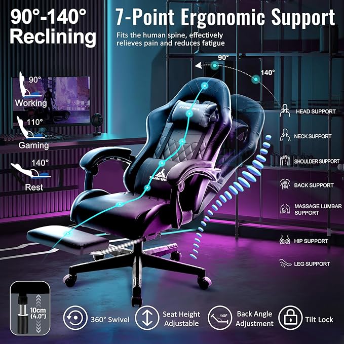 Gaming Chair,Ergonomic Massage Office Desk Chair with Footrest,Black | Pocket Spring Cushion,Reclining,Thick High Back,Headrest and Lumbar Support,Adjustable Leather Computer Chair Gamer Chair - Image 6