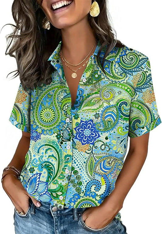 Zeagoo Button Down Shirts for Women Short Sleeve Collared Tops Dressy Casual V Neck Blouses by Zeagoo