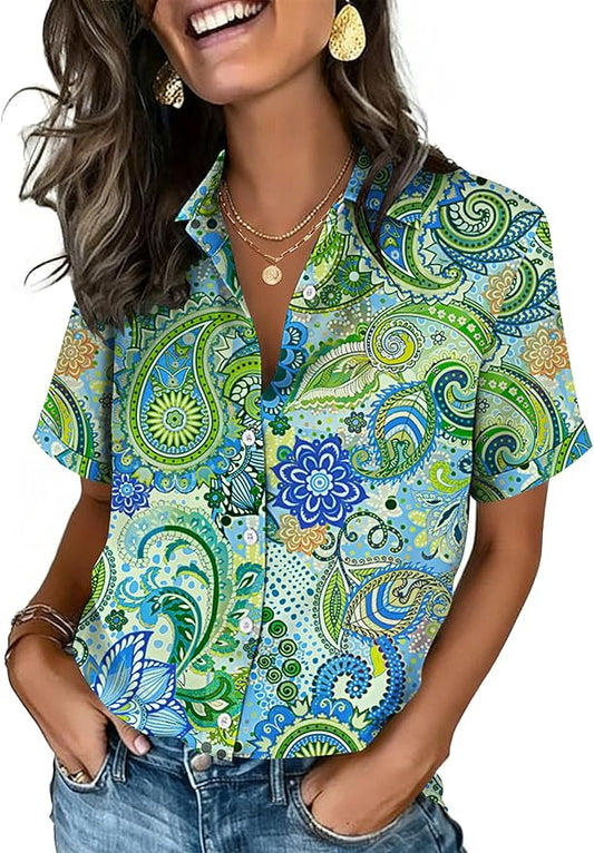 Zeagoo Button Down Shirts for Women Short Sleeve Collared Tops Dressy Casual V Neck Blouses by Zeagoo