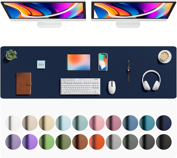 Aothia Faux Leather Desk Mat - Large Mouse Pad, Non-Slip PU Leather Blotter, Waterproof Writing Surface for Office and Home (Dark Blue, 63" x 17") by AothiaSimpleNaturalUnique