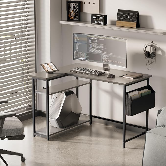 Pamray 40 Inch L Shaped Computer Desk with Reversible Side Storage Shelves, Small Corner Desk for Small Space Home Office, Writing Study Table PC Desk for Bedroom, Grey - Image 2