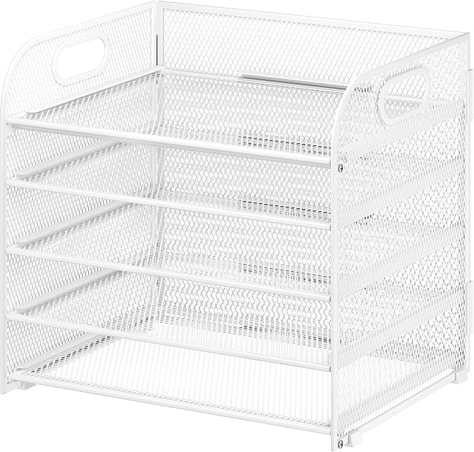 Cawukege 5 Tier Paper Organizer with Handle, White Metal Mesh Desk Organizer File Folder Paper Letter Tray Desktop Document Sorter for Classroom, School, Office Accessories Organization and Storage - Image 9