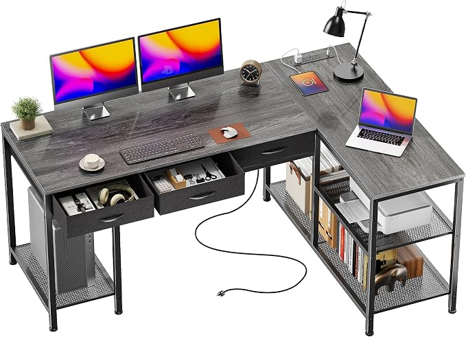 PRAISUN 55 Inch L Shaped Office Desk with Power Outlets and Type-C Port, Large Computer Gaming Desk with 3 Fabric Drawers, Mesh Shelves, Corner Study Work Writing Desk, Grey by PRAISUN