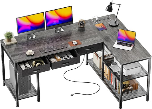 PRAISUN 55 Inch L Shaped Office Desk with Power Outlets and Type-C Port, Large Computer Gaming Desk with 3 Fabric Drawers, Mesh Shelves, Corner Study Work Writing Desk, Grey by PRAISUN