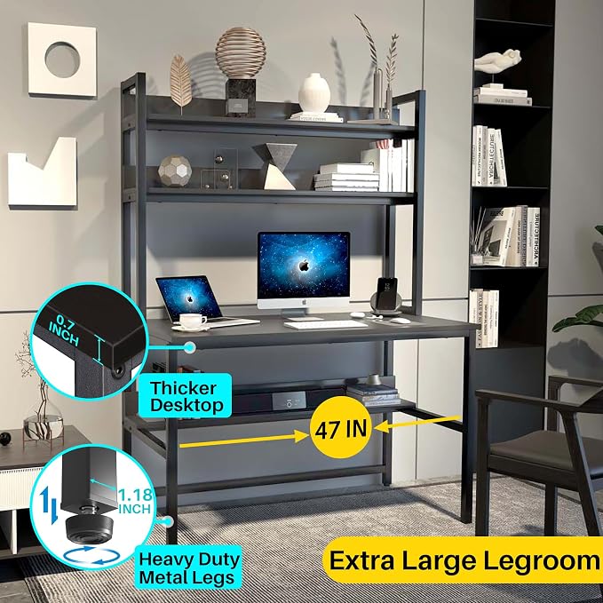 Aquzee Computer Desk with Hutch and Bookshelves, Large Leg Room 47 inch Width Black Desk with Space Saving Storage Shelves for Home Office,Study, Work, Easy Assemble - Image 9