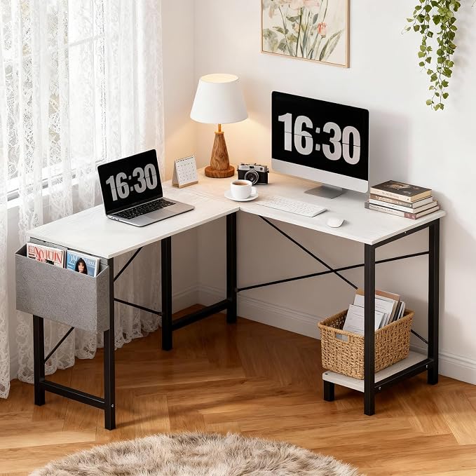 OLIXIS L Shaped Desk, 50-Inch Office Computer Gaming Desks Corner PC Table with Side Bag and Reversible Shelf for Home Work Study Writing White | Side Bag, Reversible Shelf, Home Work Study Writing, PC Workstation, Easy Assembly, White - Image 5