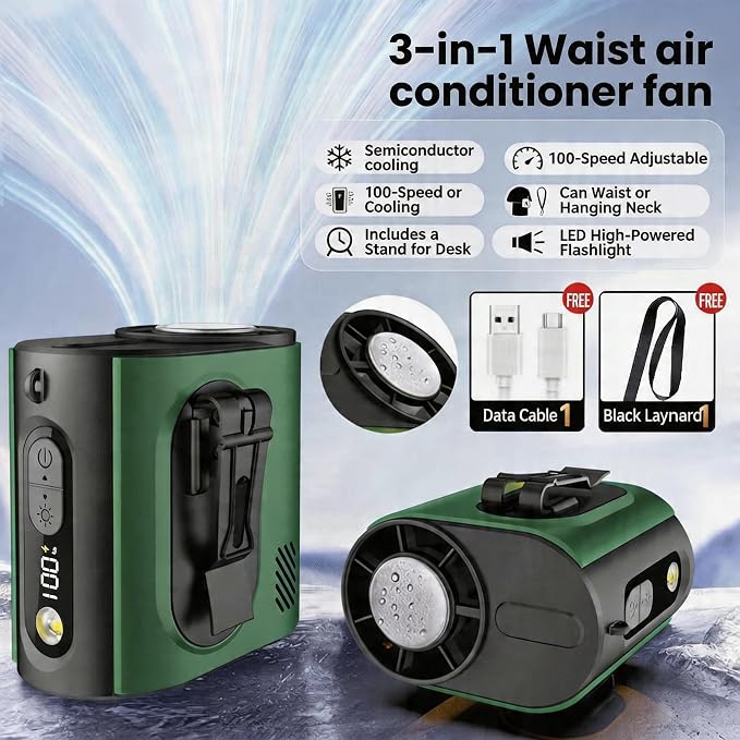 Portable Wearable Waist Fan,with Ice Cooler & Flashlight,10000mAh Rechargeable Clip On Belt Cooling Fan, 100-Speed 16000RPM Personal Body Fan,20H Work Time for Camping,Outdoor,Jobsite(Green) - Image 5