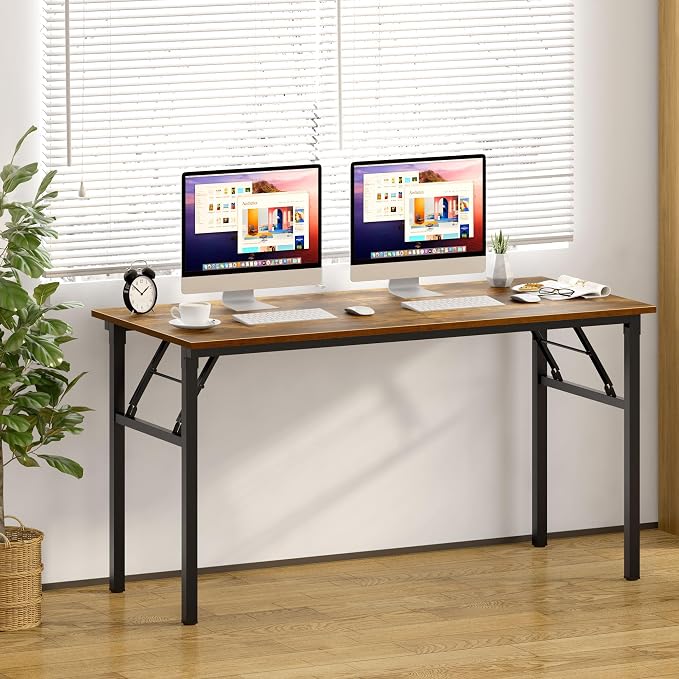 Need Office Computer Desk 60 Inch Sturdy Folding Laptop Table Retro | Black Frame Writing Gaming Work Table/Foldable Home Office Desk/Sewing Table, No Assembly Required - Image 2