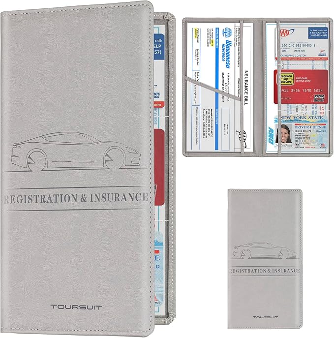 TOURSUIT Car Registration & Insurance Card Holder, Grey | Vehicle License Document Organizer, Glove Box Compartment, Interior Car Accessories, For Women Men by TOURSUIT