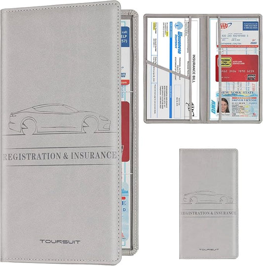 TOURSUIT Car Registration & Insurance Card Holder, Grey | Vehicle License Document Organizer, Glove Box Compartment, Interior Car Accessories, For Women Men by TOURSUIT