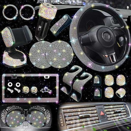 NBTEPEM 27 PCs Multicolor Bling Car Accessories Set for Women, Steering Wheel Covers Universal Fit 15 Inch, Bling License Plate Frame, Bling Phone Holder, Bling Car Coasters by NBTEPEM