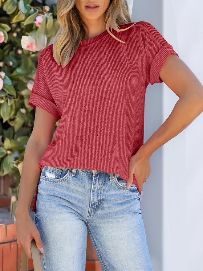 ANRABESS Womens Short Sleeve Crewneck Shirts Ribbed Knit High Low Hem T Shirt 2026 Summer Spring Casual Tops Trendy Clothes - Image 3