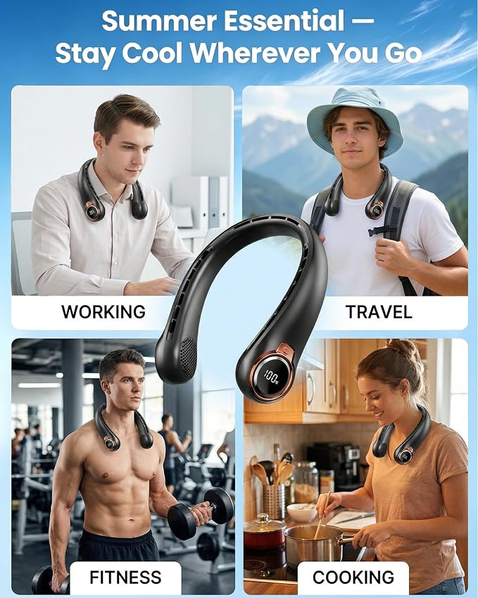 BNBZ Neck Fan, 6000mAh Portable Rechargeable Fan Blows Cold Air with LED Display, 4 Speeds 360° Strong Airflow, Quiet Wearable Personal Cooling Fan for Outdoor Travel,Fireplace Fans-Gray - Image 7