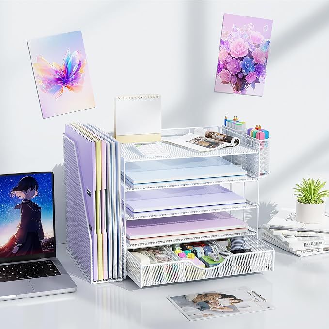 gianotter 5-Tier Desk Organizer with Drawers and File Holders | Letter Trays and Pen Holders - Workspace Accessories for Office Supplies (White) - Image 6