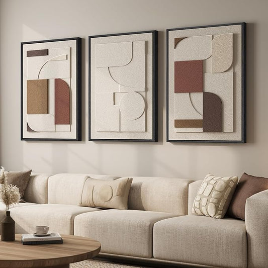 Large Framed 3D Textured Neutral Abstract Wall Art for Living Room, 3 Piece Modern Paintings Artwork for Walls, Minimalist Geometric Pictures for Hallway Office Dining Bedroom Wall Decor 24x36 In by Cuspin