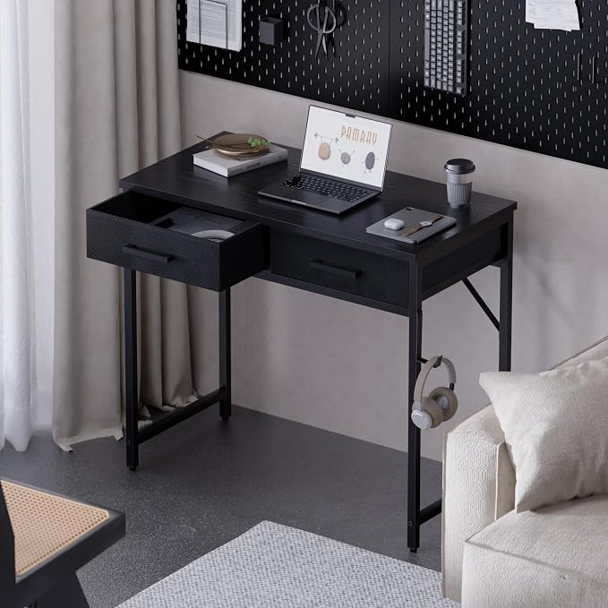 Pamray 32 Inch Small Computer Desk with 2 Drawers for Bedroom Study Writing Home Office Table for Small Spaces Black - Image 2