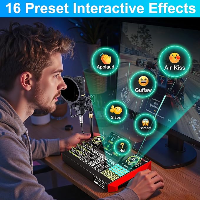 Podcast Microphone Bundle with Live Sound Card Audio Mixer, Podcast Equipment Bundle with 3.5mm Condenser Microphone for Pc/Phone Live Streaming Singing Gaming, Sound Board with Voice Changer, Denoise - Image 8
